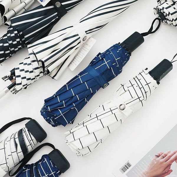 

umbrellas ins striped black coating anti-ultraviolet sunscreen long handle umbrella folding female korean sunny and rain