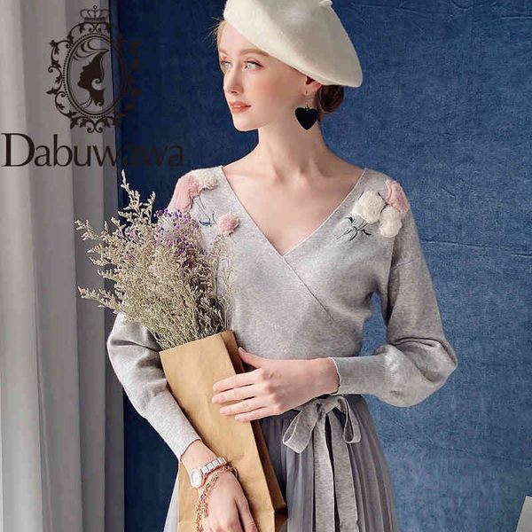 

dabuwawa elegant appliques v neck sweater women lantern sleeve sash hem fashion pullovers sweaters female dt1djs017 210520, White