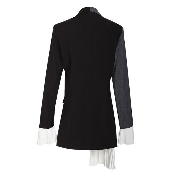 

[yalee] fashion spring summer contrast color notched long sleeve splice mesh asymmetry loose single suit women y043, White;black