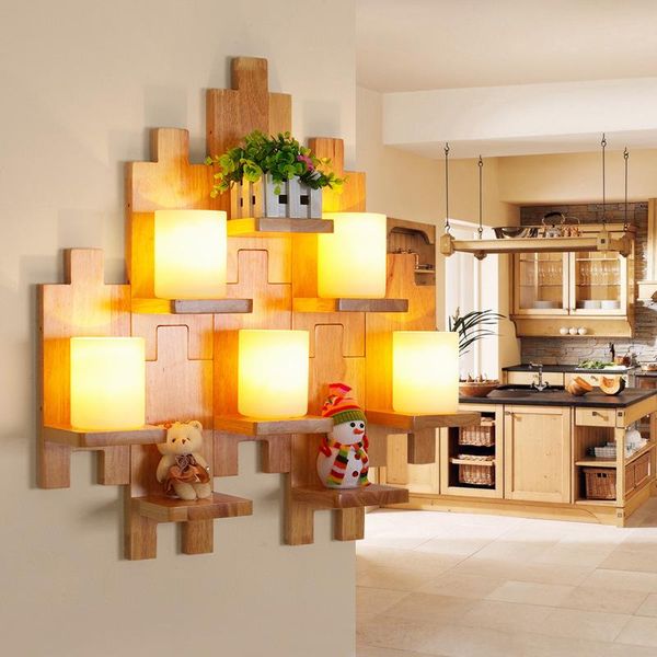 

wall lamp modern wooden lamps bedroom bedside japanese creative puzzle light living room shelf diy decor lighting fixtures