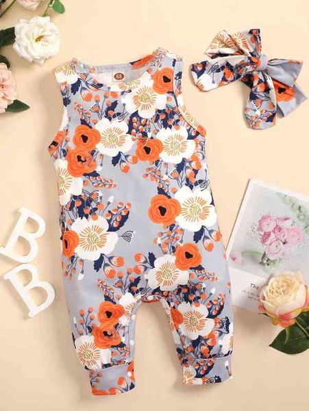 

baby floral print jumpsuit with headband she, Blue