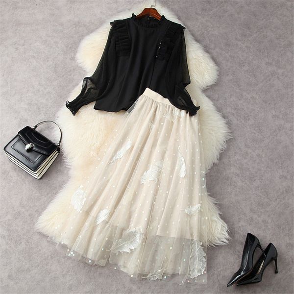 

fashion spring runway suit feminine flashlight frilly sleeves chiffon shirt and mesh embroidery skirt piece of party clothes, Black