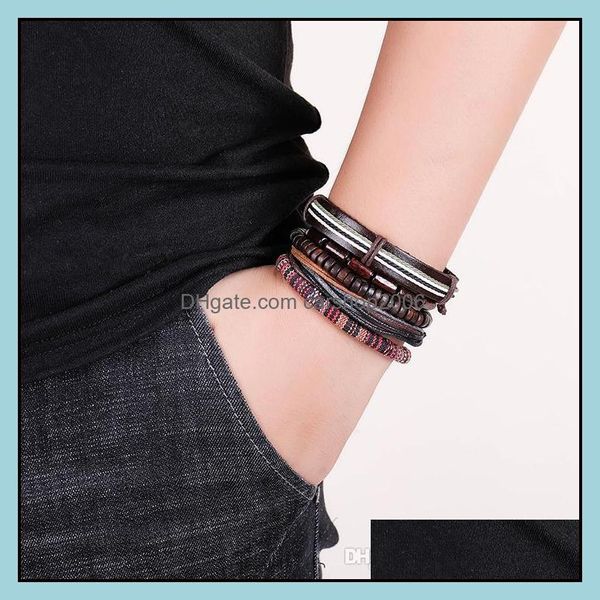 Charm-Armbänder Jewelryvintage MTI-Stück Set aus handgefertigten Holzperlen Wachsseil Lederarmband Männlich Drop Lieferung 2021 9Jder