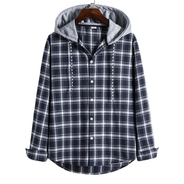 

men's casual shirts hawaiian shirt plaid print long sleeve single breasted hooded men clothing camisas de hombre #01, White;black