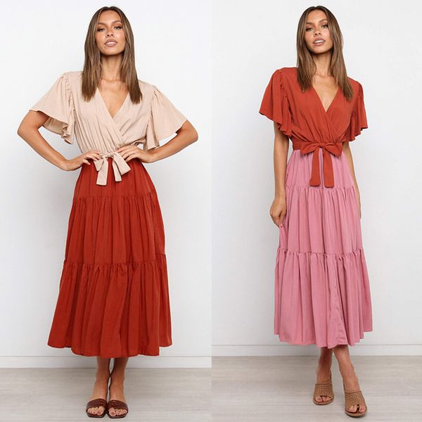 

spring / summer 2021 new wih women's fashion bow v-neck splicing dress, Black;red