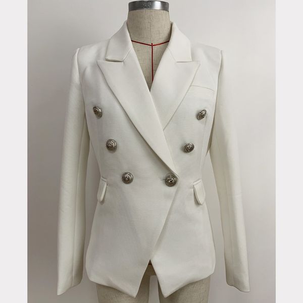 

fashion classic style original design women's blazer silver metal buckles double-breasted slim jacket thick fabric blended cotton coat, White;black