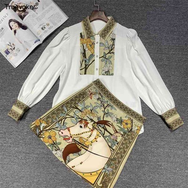 

truevoker lady skirt set high end long sleeve vintage ethnic print blouse with luxury crystal diamond pencil 210602, White