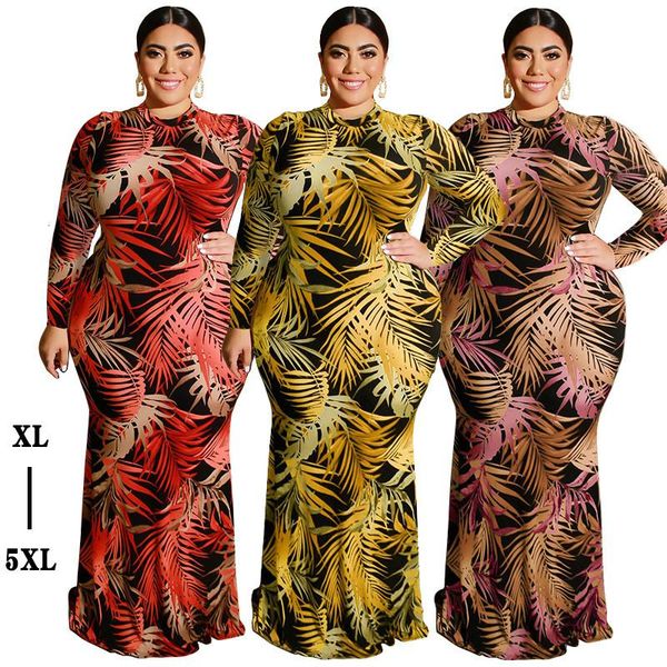 

casual dresses 2021 plus size long dress tight-fitting bag hip hollow waistband sleeves leaf print women's, Black;gray