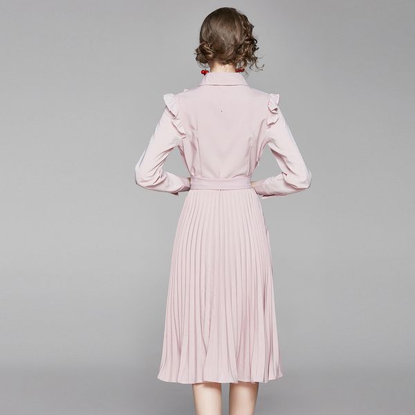 

casual dresses new spring autumn women fashion pleated hem pink trimmed with agaric laces send the belt t1gy, Black;gray