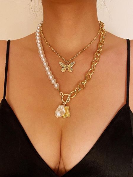 

chains boho golden multilayer butterfly charms chunky chain necklace for women pearl long pendants necklaces 2021 jewelry, Silver