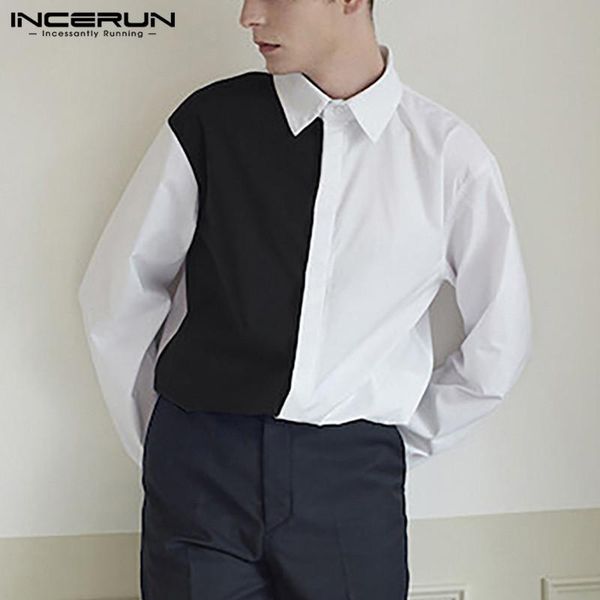 

patchwork men casual shirt brand lapel long sleeve personality button blouse fashion streetwear camisa masculina incerun s-5xl men's sh, White;black