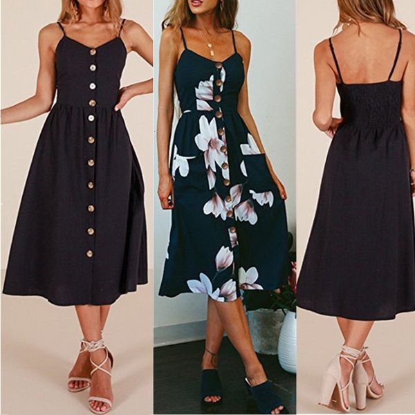 

casual dresses fashion women sleeveless backelss summer black white spaghetti strap button midi sundress xyb7, Black;gray