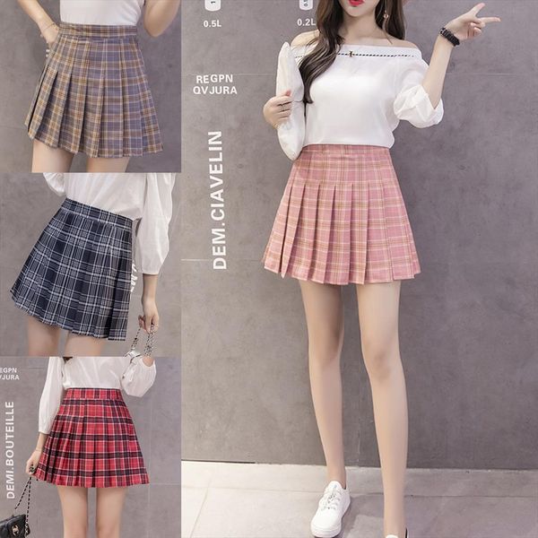 

harajuku short korean plaid womens skirt zipper high waist school girl pleated mini plus size, Black