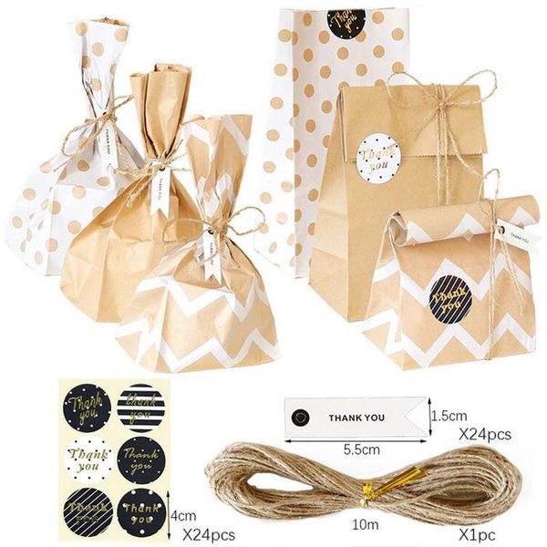 

gift wrap 24sets dot wave kraft paper candy box favors bags with rope hange tags sticker guests cookie packaging party decoration