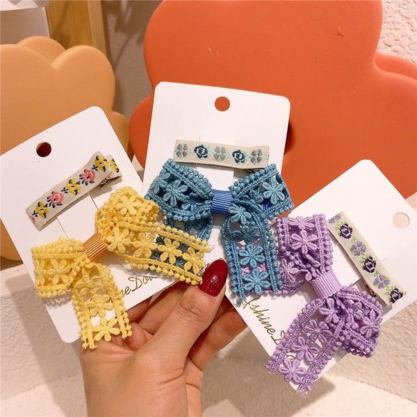 

korean fashion children's embroidery flower duckbill clip sweet girl simple colorful hollow bow hairpin kids hair accessories, Slivery;white