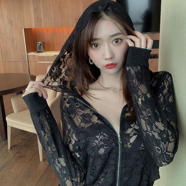 

women's trench coats hayoo hoodie sunscreen coat thin lace outer wear ins cardigan top, Tan;black
