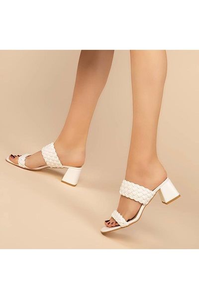 

slippers 571 white leather double belt mesh heels women slippers-36, Black