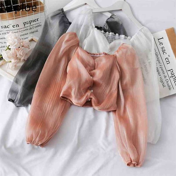 

slash neck off shoulder short blouse women luster puff long sleeve button blusas autumn spring shirt 48648 210422, White