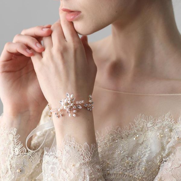 

charm bracelets flower leaf bridal pearls crystal wrist bangles girl women party bridesmaids bride jewelry wedding accessories, Golden;silver