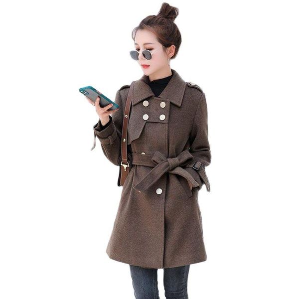 

women's wool & blends hair woolen coat mid-length autumn winter thicken overcoat double breasted slim female cloth jacket, Black