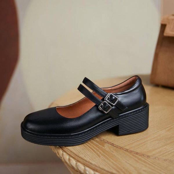 

dress shoes salu retro women's genuine leather chunky heels pumps concise metal decoration night club office lady woman, Black