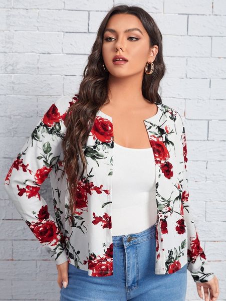 

plus floral print open front jacket o46y#, Black