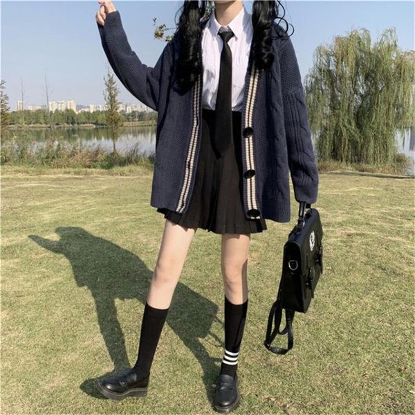 

clothing sets korean women knitting cardigan sweater fashion autumn winter v-neck long sleeve casual school uniform coat girls sweet, White