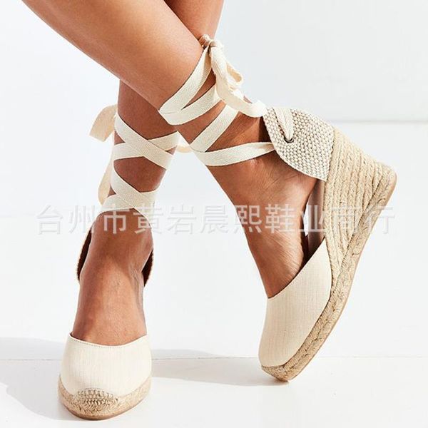 

fashion sandals straw linen slope heel women's shoes large size, Black