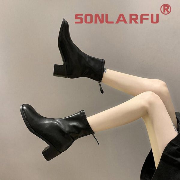 

boots autumn and winter round toe back zipper chunky heel stretch women's slim handsome thin big booties, Black