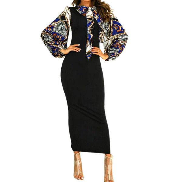 

casual dresses bodycon midi dress lantern long sleeve women elegant evening party style round neck fashion 2021 printed floral slit, Black;gray