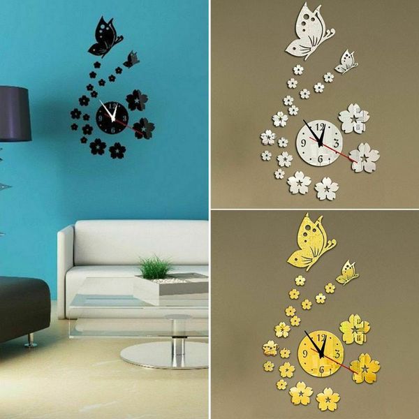 

wall clocks home clock art decoration 3d mirror acrylic floral butterfly designed watch living room background
