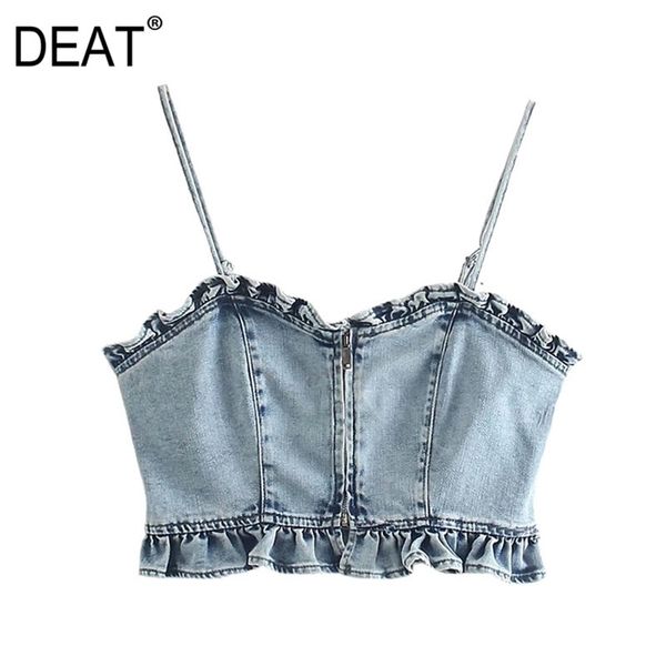 

[deat] summer fashion vest solid color sleeveless sling zipper ruffles style women denim tank 13q137 210527, White