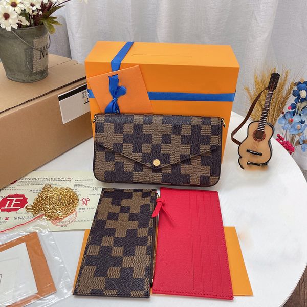 

luxurys designer bags brown plaid evening clutch bag 3 in 1 with original box chain shoulder cross body card holder purse leather