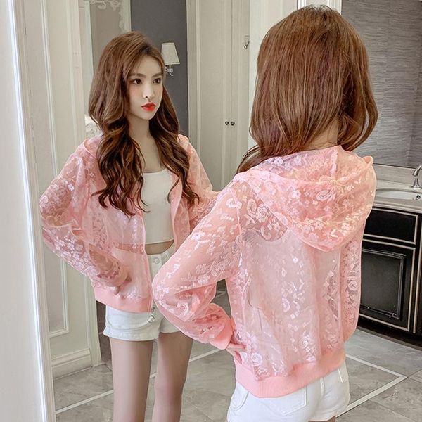 

women's jackets spring summer flower see through lace sheer women thin sunscreen coat long sleeve loose zipper hooded jacket x277, Black;brown