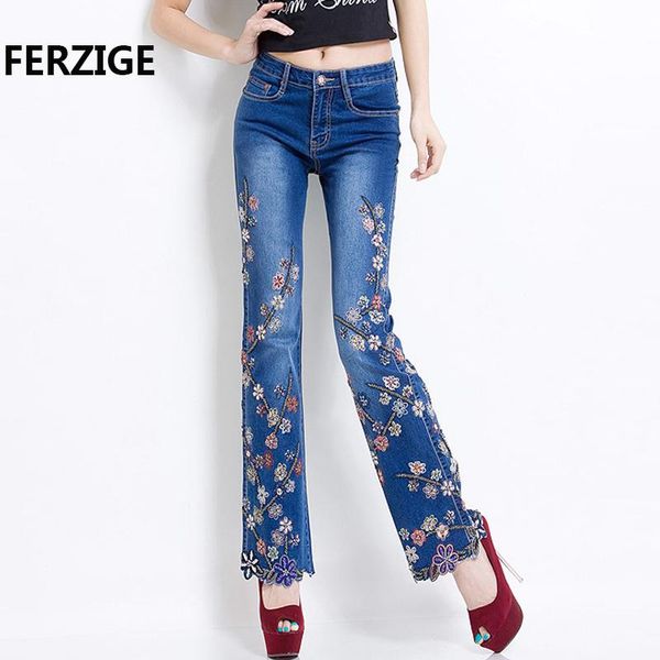 

jeans women brand 2021 manual beading embroidered flared fashion designer stretch hand beads female pants large size 36 women's, Blue