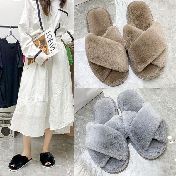 

slippers 2021 autumn and winter cross hairy women flat bottom home drag non-slip parent-child plush cotton open toe, Black