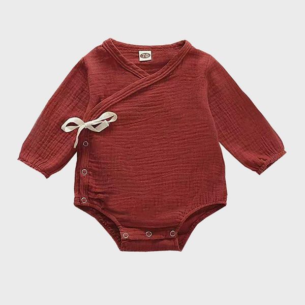 Baby Jumpsuits Mussellin Algodão Recém-nascidos Macacões Lista de Manga Longa Lace-Up Botons Todder One Piece Bodysuit M3824