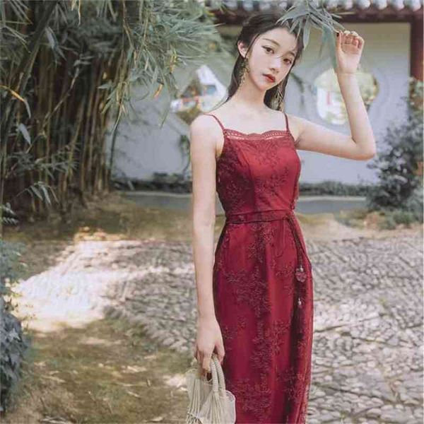 

mid-calf spaghetti strap long women dress summer elegant sleeveless female vintage embroidery evening party 210603, Black;gray