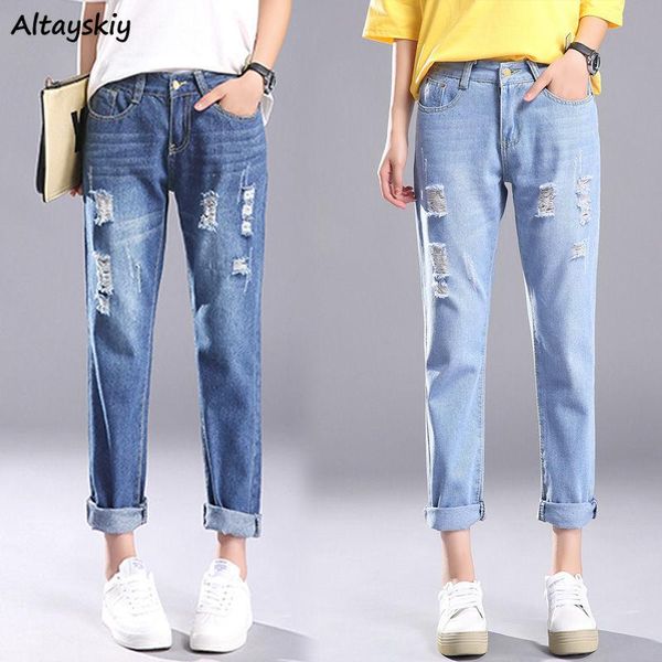 

jeans women all-match solid holes high-quality pockets ulzzang trendy harajuku student womens ladies lovely elegant simple daily women', Blue