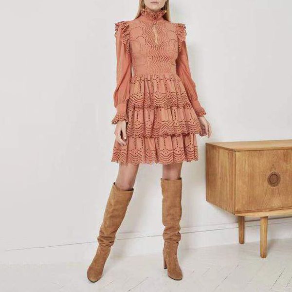 

2020 embroidered summer dress women stand collar high waist lace patchwork hollow out ruffles dresses female, Black;gray