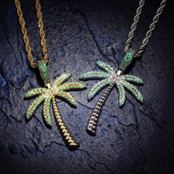 

pendant necklaces green cubic zirconia bling iced out solid coconut tree plant pendants necklace for men rapper jewelry gold silver colo
