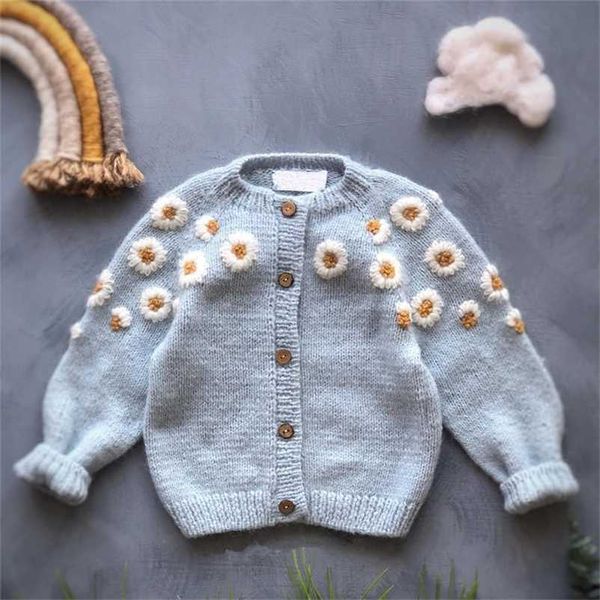 

autumn winter baby girls knitted cardigan born sweaters coat kid flower embroidered woolen coat children clothing jacket 211106, Blue