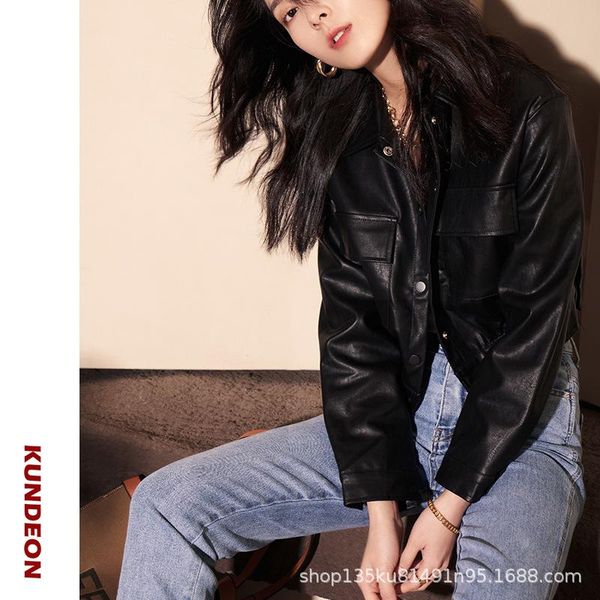 

pu lapel leather coat women's 2021 spring korean loose small short jacket cq21k1066 jackets, Black;brown