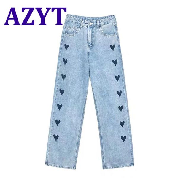 

spring denim trousers women vintage style love print jeans pants casual high waist loose straight pant's women's, Blue