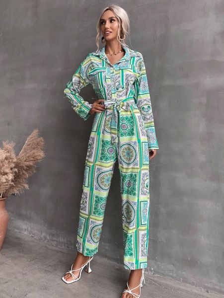 

scarf print flap pocket drop shoulder belted shirt jumpsuit 06ua#, White