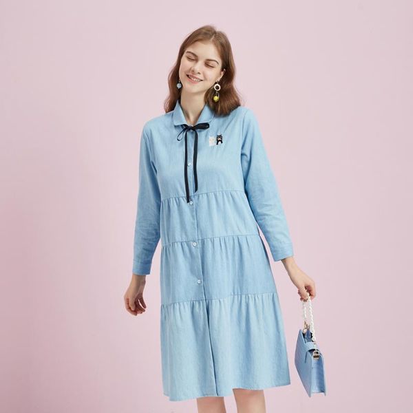 

pregnant women fashion spring and summer loose cotton embroidered cartoon women's shirt skirt wear maternity dresses, White