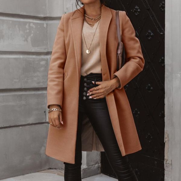 

women's wool & blends jacket autumn long coat down collar jackets solid casual lady slim outerwear clothes, Black