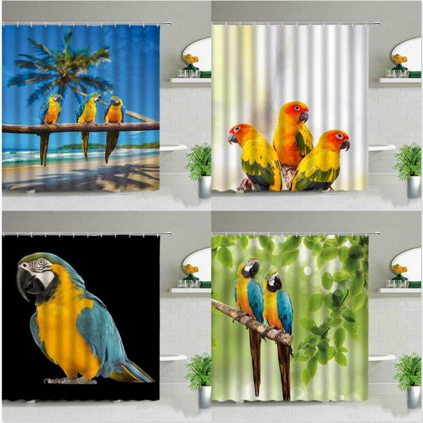 

ocean landscape beach palm tree parrot shower curtains green plants bird waterfall scenery bathroom screen waterproof fabric