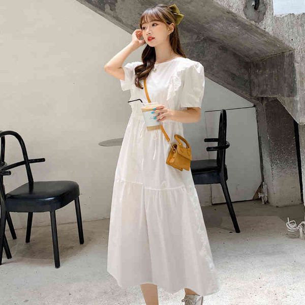 

summer short sleeve women casual dress loose vintage fashion female white chiffon dresses lace up a-line vestidos 210423, Black;gray