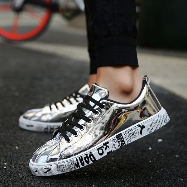 Moda graffiti glitter sneakers homens casual clássico shell toe lace up prata liso sapatos mulheres rua hip hop espelho shoes homens